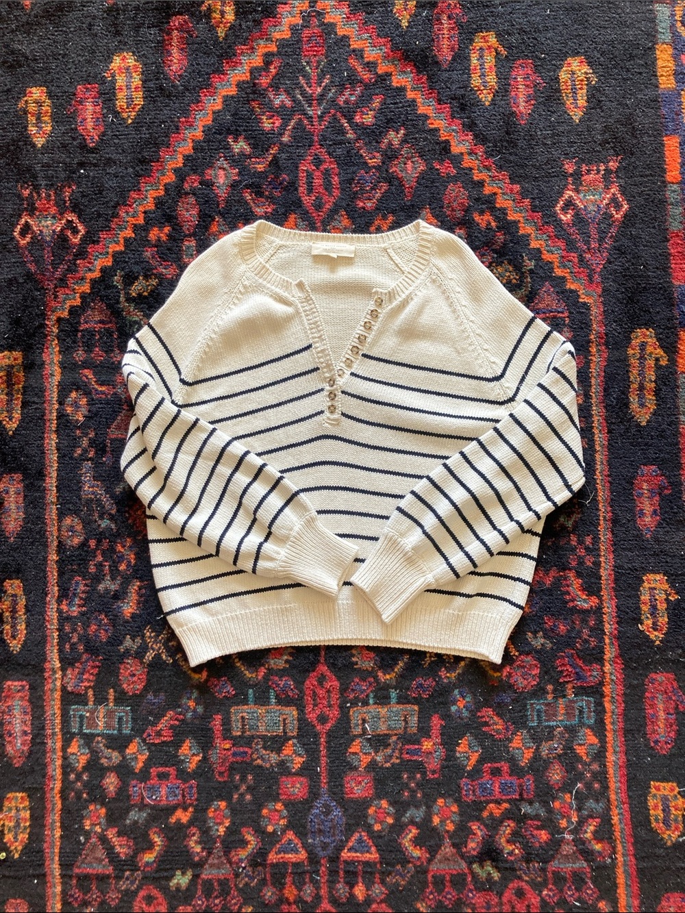 Sezane Leontine V-Neck Striped Button-Placket Sweater